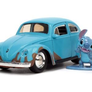 Volkswagen Beetle Matt Blue (Weathered) and Stitch Diecast Figure "Lilo and Stitch" (2002) Movie "Hollywood Rides" Series 1/32 Diecast Model Car by Jada
