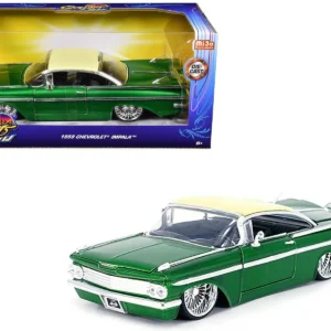 1959 Chevrolet Impala Lowrider Green Metallic with Cream Top and DUB Wire Wheels "Street Low" Series 1/24 Diecast Model Car by Jada