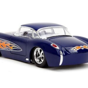 1957 Chevrolet Corvette Dark Blue with Flame Graphics and White Interior "Bigtime Muscle" Series 1/24 Diecast Model Car by Jada