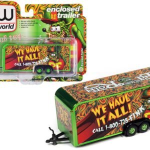 4-Wheel Enclosed Car Trailer Green with Graphics "Rat Fink: We Haul it All!" 1/64 Diecast Model by Auto World