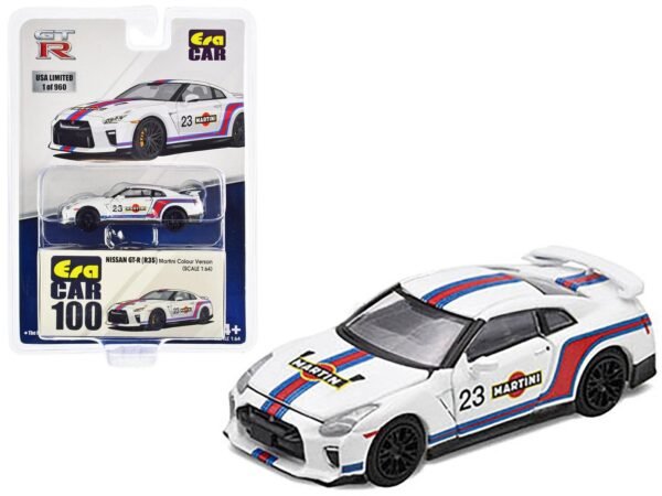 NS21GTR100-L__86109 Nissan GT-R (R35) #23 White with Blue and Red Stripes "Martini Racing" Limited Edition to 960 pieces Worldwide 1/64 Diecast Model Car by Era Car