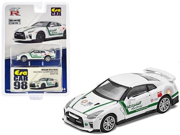 NS21GTR98-L__32544 Nissan GT-R (R35) White Dubai Police "EXPO 2020" Livery Limited Edition to 720 pieces Worldwide 1/64 Diecast Model Car by Era Car