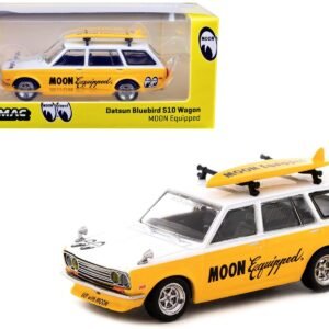 Datsun Bluebird 510 Wagon Yellow and White "MOON Equipped" with Roof Rack and Surfboard "Global64" Series 1/64 Diecast Model Car by Tarmac Works
